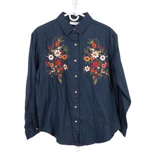Victoria Jones Petites Button Up Shirt M NEW Blue Floral Embroidery 90s Texture
